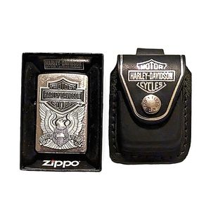 Harley Davidson Zippo Lighter And Leather Case Gift Set New Unfired